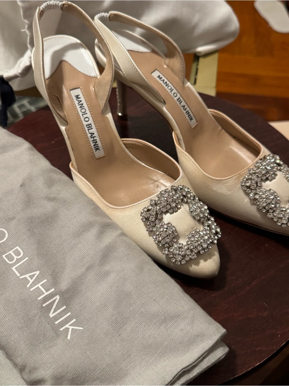 Manolo Blahnik Ivory Satin Slingback Pumps with Crystal Buckle